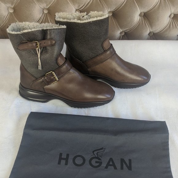 NIB HOGAN Shearling Leather Ankle Boots Brown 8.5 - Picture 1 of 10